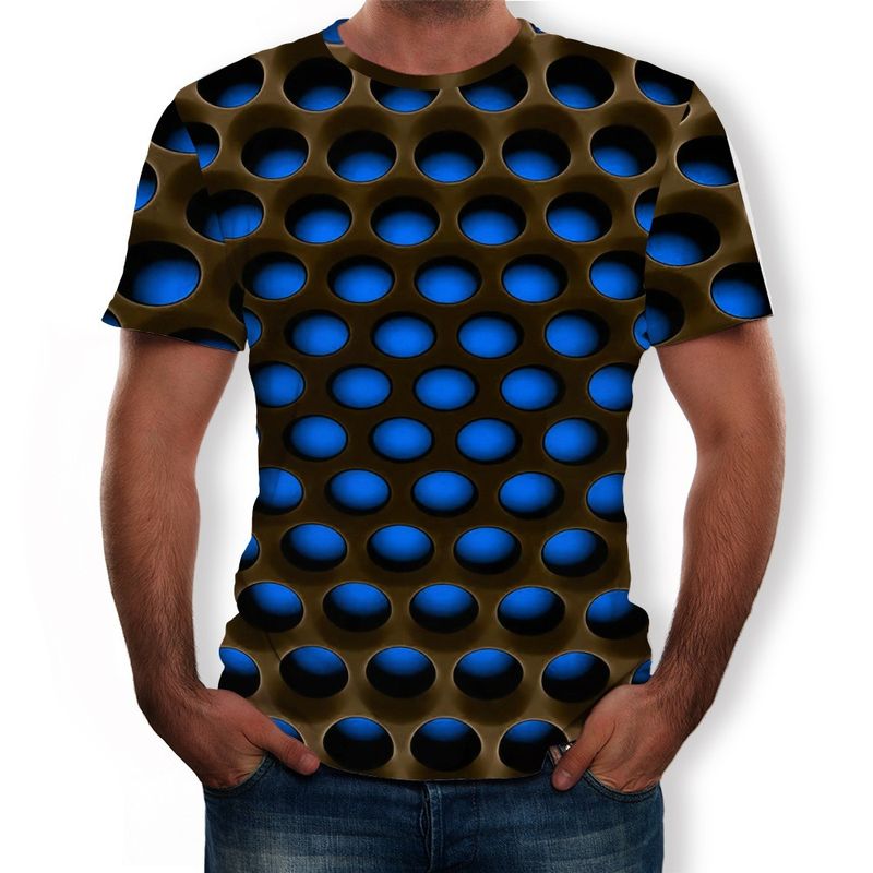 men's 3D digital printing mesh honeycomb fun short-sleeved round neck T-shirt _voghion.com