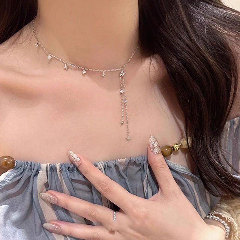 Colar com franjas em forma de estrela de quatro pontas dourada, novo, popular, versátil, leve, luxuoso, requintado, temperamento, corrente de clavícula_voghion.com