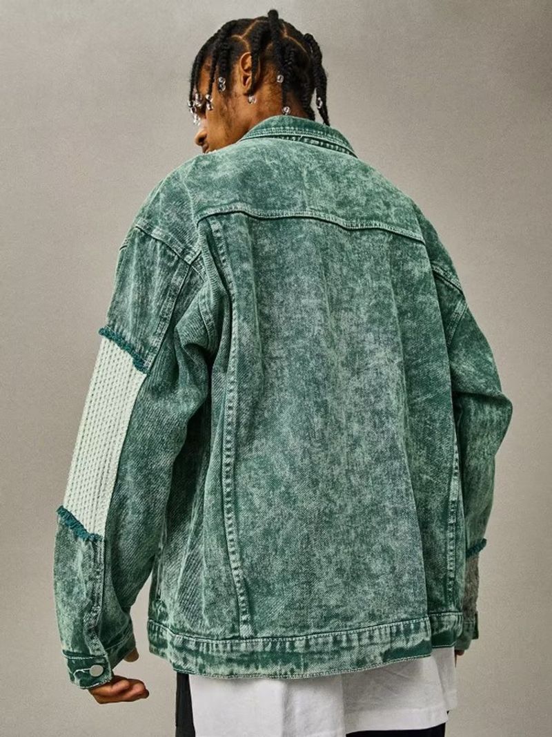 ​​Vintage-Jeansjacke im Used-Look für Herren – Oversize-Streetwear-Mantel zum Knöpfen mit verblasstem Print und Kontrastnähten​​_voghion.com