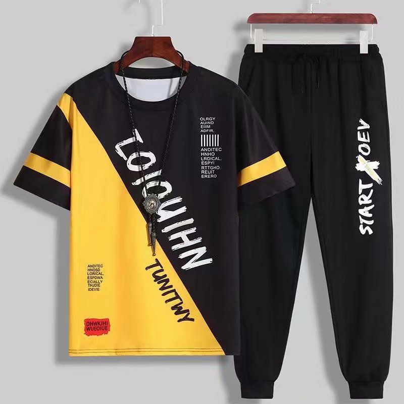 Tricou de vară cu mânecă scurtă pentru bărbați, la modă și elegant, un set de haine asortate, costume casual pentru tineri, haine de vară pentru bărbați_voghion.com