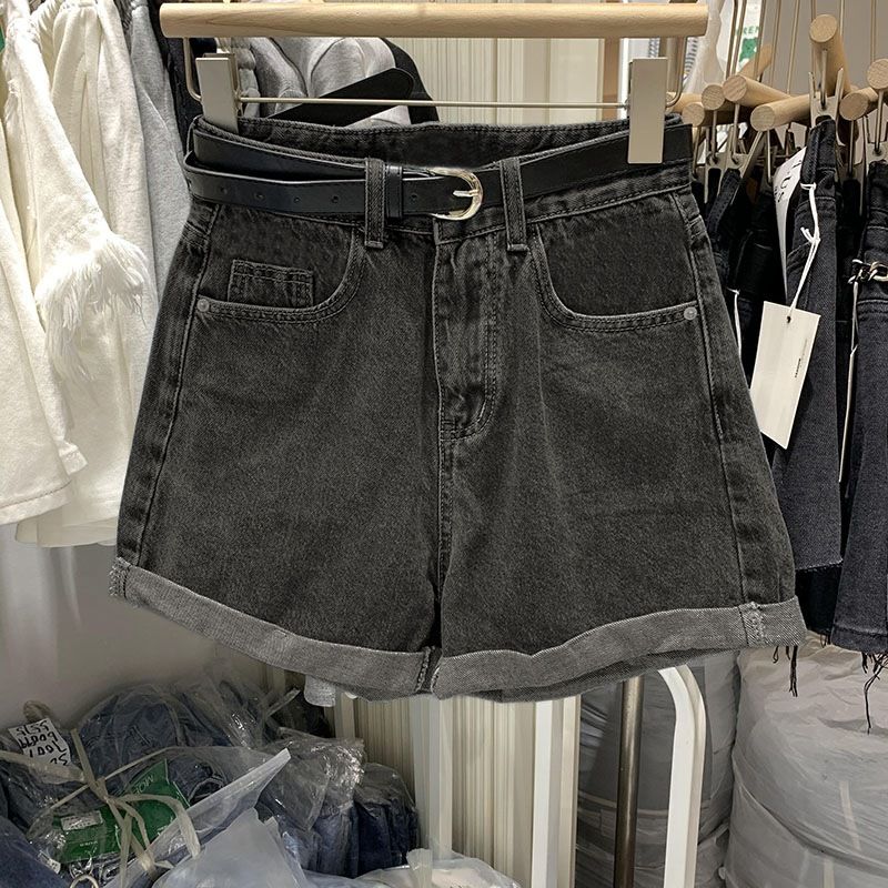 Denim shorts for women in summer, thin, high waisted, slimming and loose fitting, student rolled edge casual A-line_voghion.com