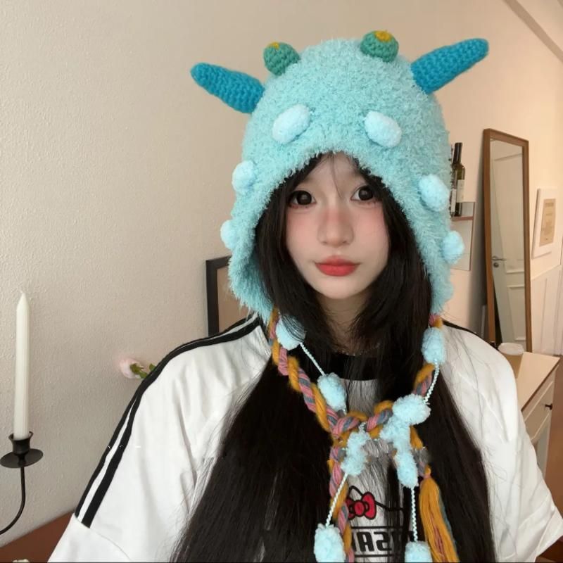 Cute weird little monster plush knit cap fall and winter versatile show face small head cap warm ear protection Lei Feng hat_voghion.com