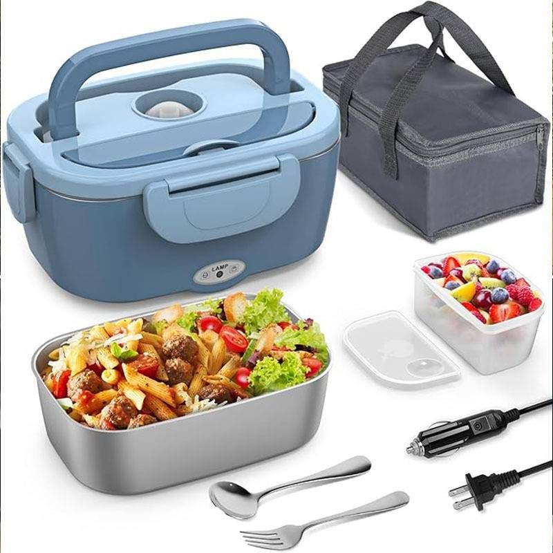 Unisex blauwe elektrische lunchbox roestvrij staal verwarmde lunchbox studentenhuis auto dubbel gebruik_voghion.com