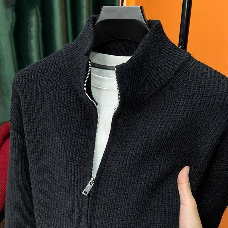 Men's Business Casual Cardigan Solid Color Zipper Sweater All-match Knitted Sweater Autumn And Winter Slim Fit Coat Stand Collar Half High Coat_voghion.com