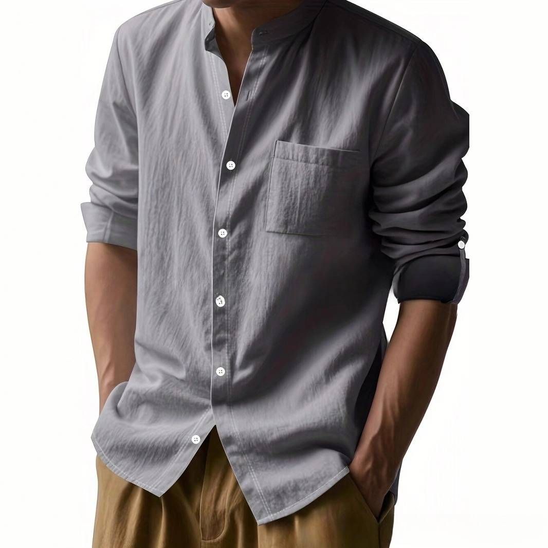 Herren Leinenhemd Langarm Stehkragen Atmungsaktiv Lässig Mit Aufgesetzten Taschen – Leicht & Knitterfrei (S-XXXL, 6 Farben)_voghion.com