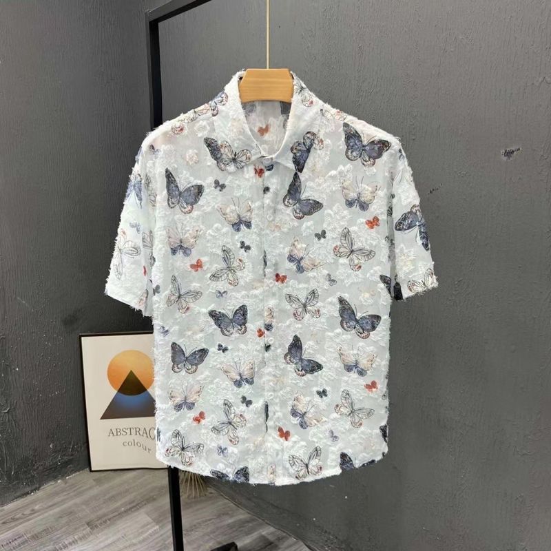 Chemise papillon pour homme, style vacances à la plage, décontractée, style hawaïen, en soie glacée, fine, à manches courtes_voghion.com