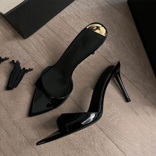 2024 novi lakasti natikači s špico z odprtimi prsti, ženske poletne črne natikače na prostem, ženski čevlji z visokimi petami_voghion.com