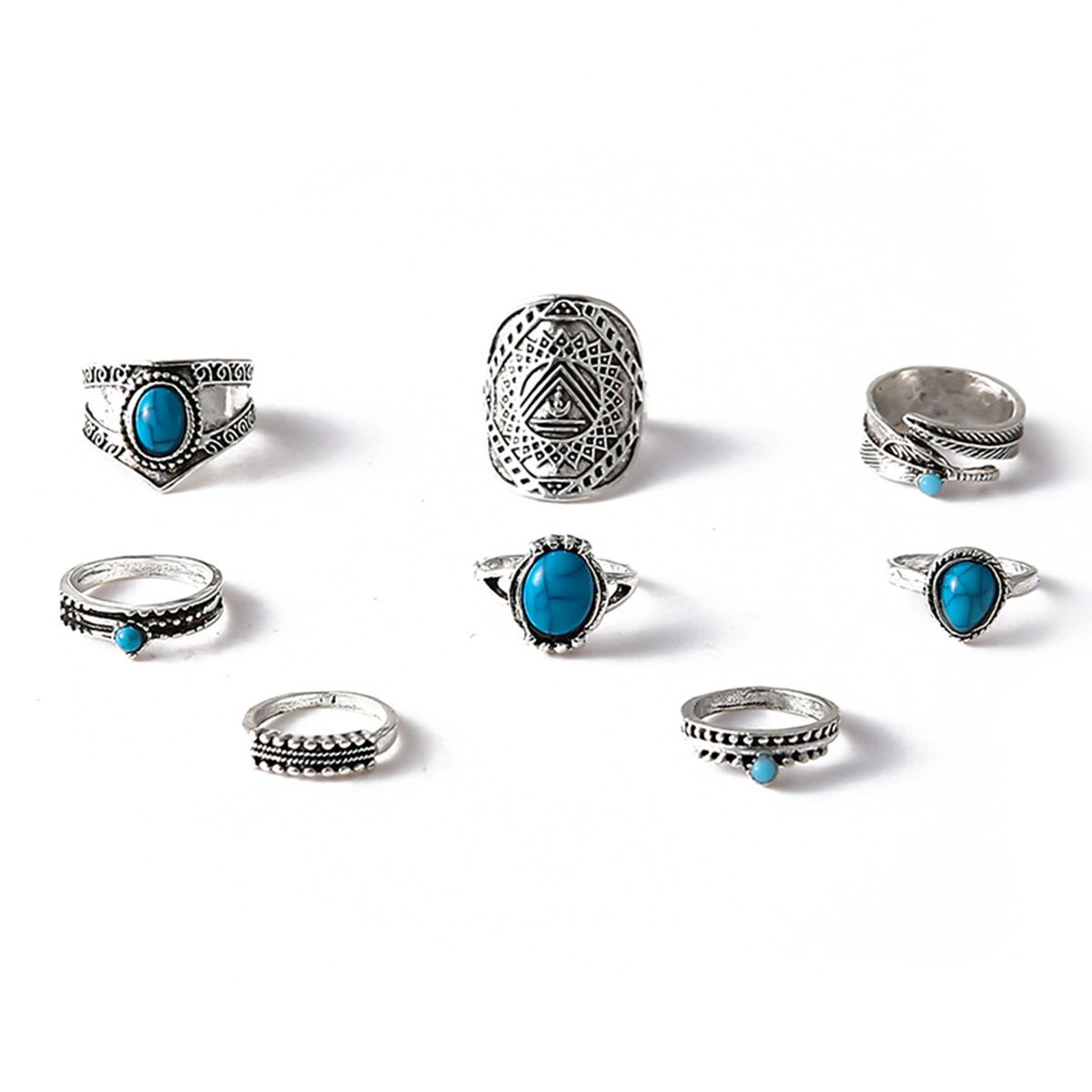 Qianbihe 8 Stück Knöchelringe, Blatt-Türkis, Unisex, böhmische stapelbare Fingerringe, Modeschmuck, Silber_voghion.com