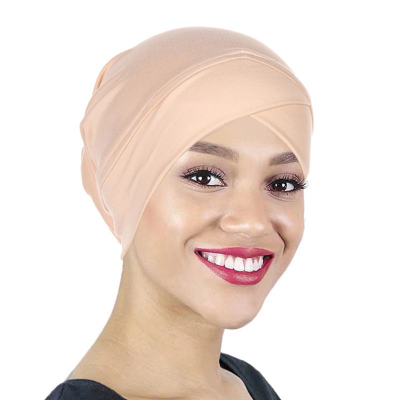 Women's Hats new style multi-color solid color cross headscarf hat women's bottom hat Muslim headscarf hat_voghion.com
