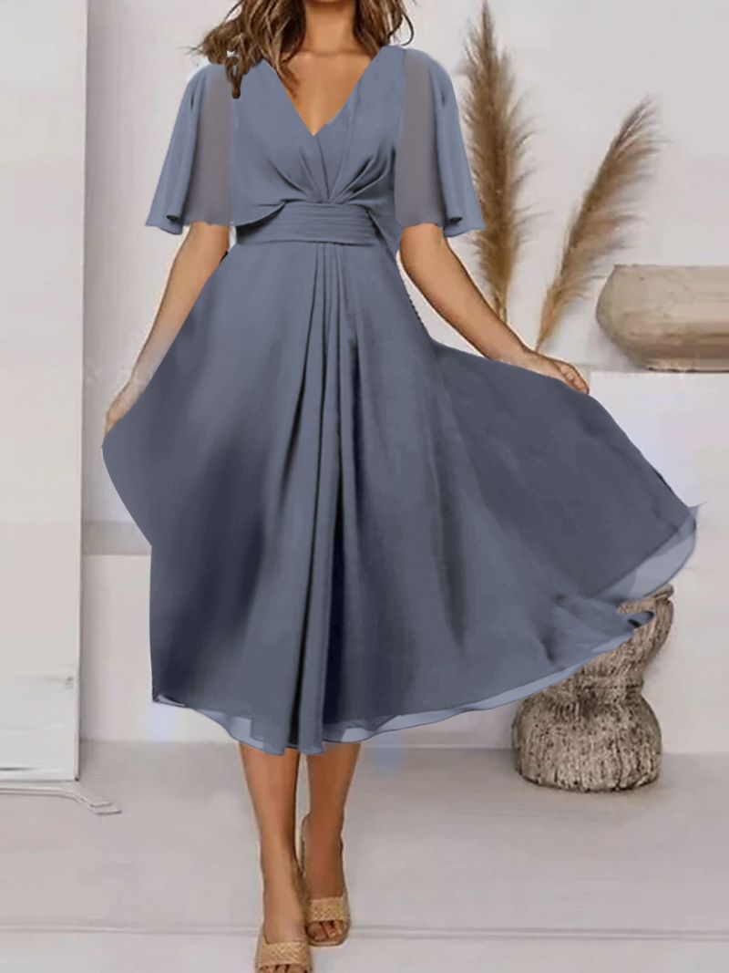 Damesmode effen kleur v-hals taille casual casual jurk_voghion.com