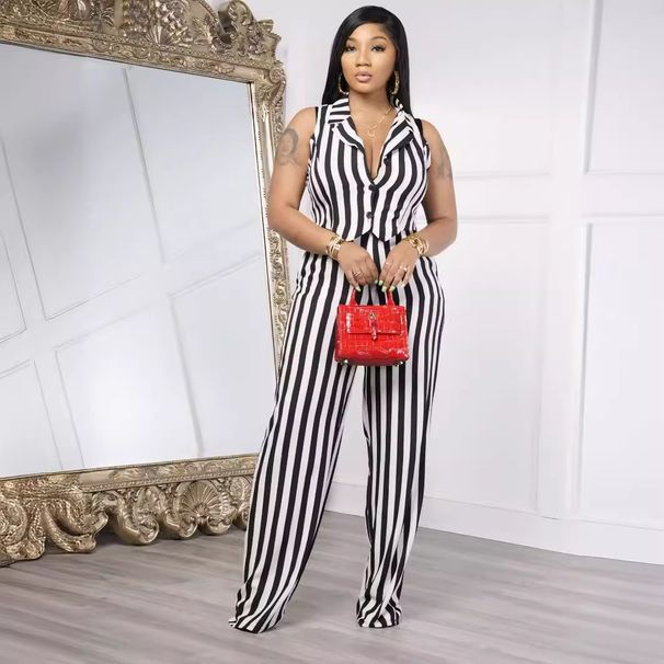 Damenbekleidung Mode Lässig Druck Ärmelloser Anzug Kragen Weite Beinhose Zweiteiliger Anzug_voghion.com