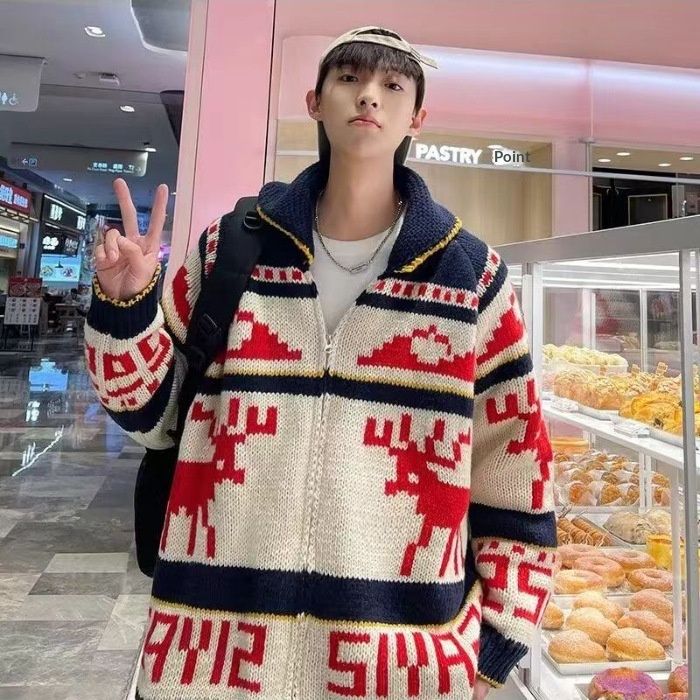 Pure Loose Knitted Lazy Top Coat Atmosphere Autumn Winter Zipper Reindeer Sweater Cardigan_voghion.com