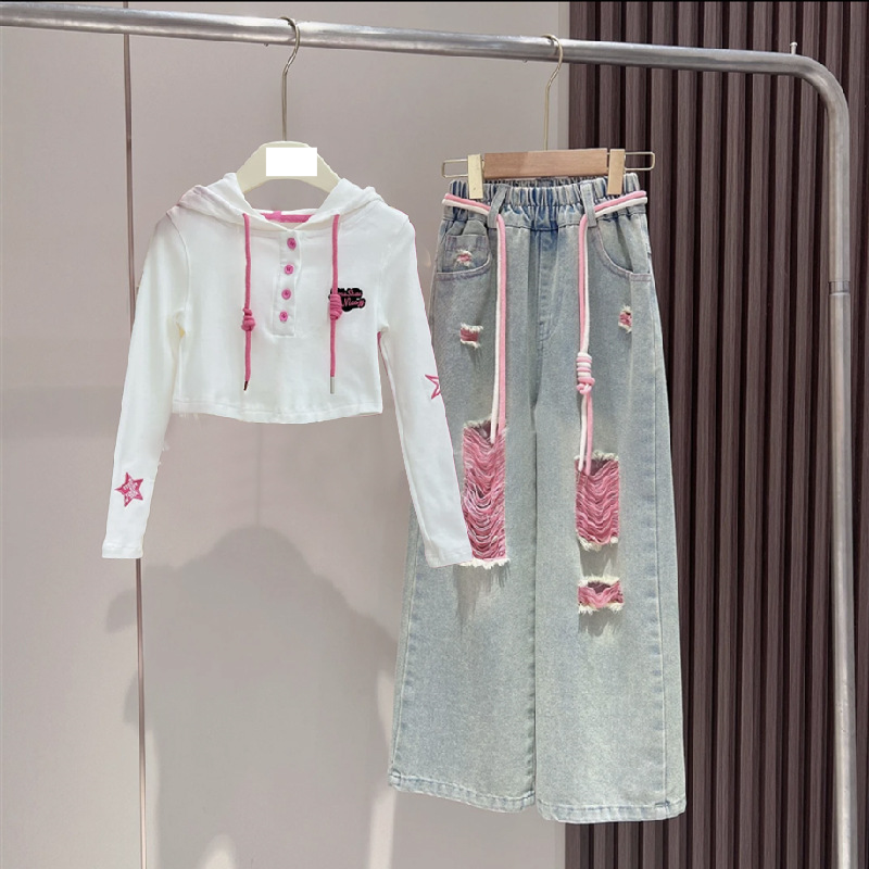 Baby clothes Girls hoodie wide-leg jeans set medium and large children long-sleeved little girl clothes_voghion.com