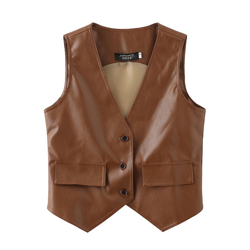 Gilet en cuir sans manches pour femme, nouveau gilet ample en PU à la mode, court, marron, vêtements d'extérieur de printemps_voghion.com