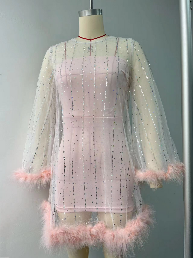 Dammemode Rosa Partykleed Kuerz Glitter Pailletten Straussenpelz Trompettärmel Kleed_voghion.com