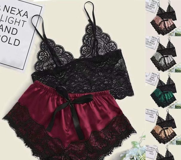 Completo intimo due pezzi in rete trasparente - Sottoveste sexy con bordi in pizzo e pantaloncini per donna (14 colori, dalla S alla XXXL)_voghion.com