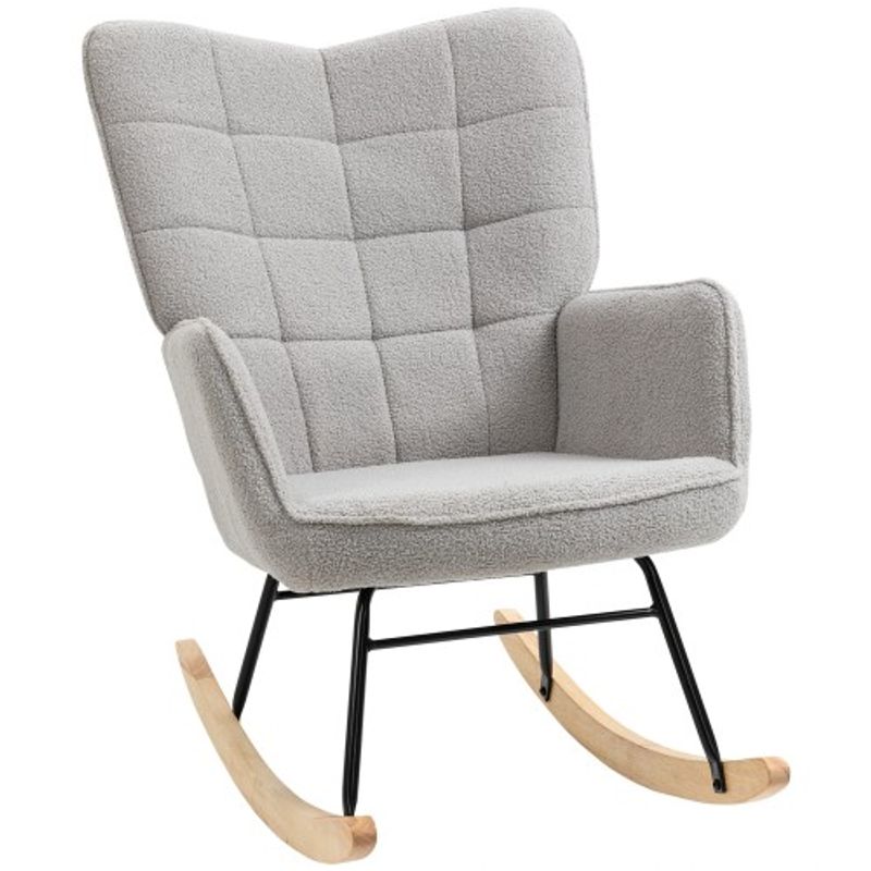 HOMCOM Schaukelstuhl Schwingsessel Akzentstuhl Wohnzimmersessel Relaxsessel, Belastbarkeit Bis 120 kg, Berbervlies, Hellgrau 71 x 92 x 101 cm_voghion.com
