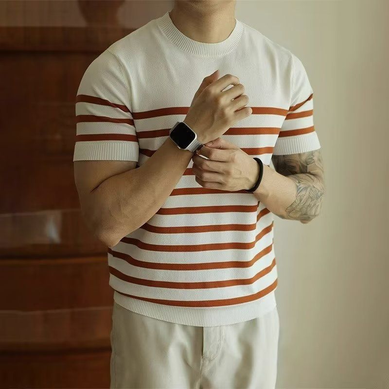 Men's Clothing High end men's clothing thin striped knitted short sleeved 2024 summer new men's comfortable breathable T shirt casual T shirt_voghion.com