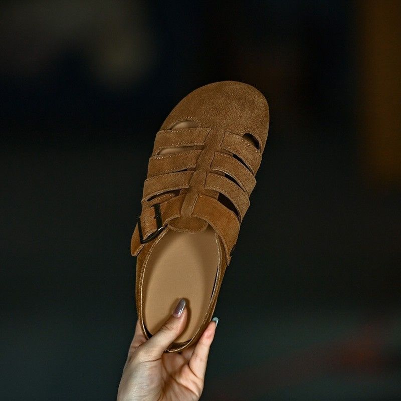 Lancui Leder Geschlossene Zehenpartie Für Damen Sommer Weiche Sohle Römischer Stil Pantoletten Halbe Outdoor-Sandalen Damenschuhe_voghion.com