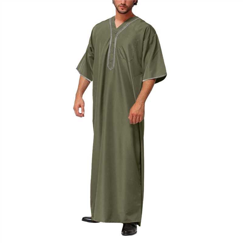 Neue islamische muslimische Herren-Robe in Volltonfarbe mit kurzen Ärmeln und klassischer Stickerei im Dubai-Stil im arabischen ethnischen Stil, lässige formelle Herren-Robe_voghion.com
