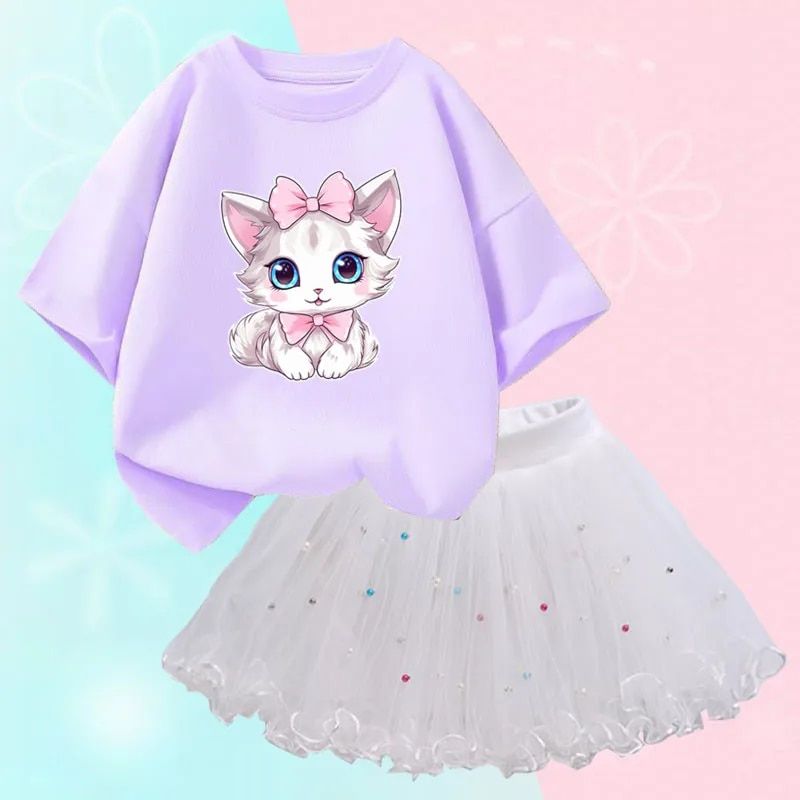 Zomer Kleine Meisjes Kleding Leuke Kat T-shirt & mesh Tutu Rok Tweedelige Set Mode Koreaanse Kinderkleding outfits_voghion.com
