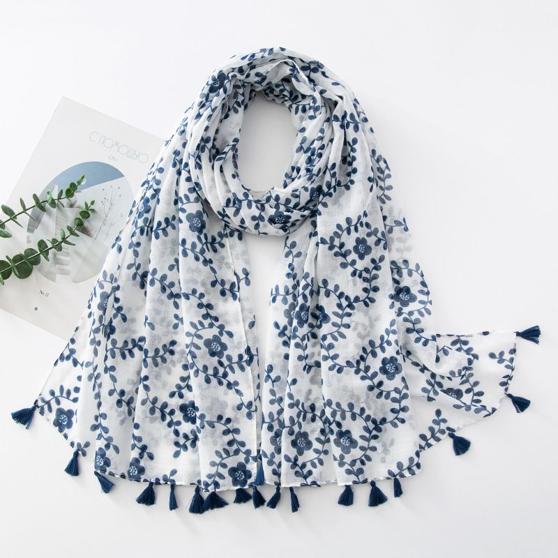 Unisex Cotton and linen thin silk scarf Women's scarf print cape Blue leaf sun fringe beach cape_voghion.com