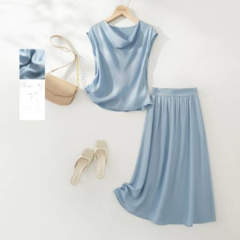 Damenbekleidung Acetat Satin Kragen Hemd Elastischer Taillenrock Sommer Damen Minimalistischer Intellektueller Anzug_voghion.com
