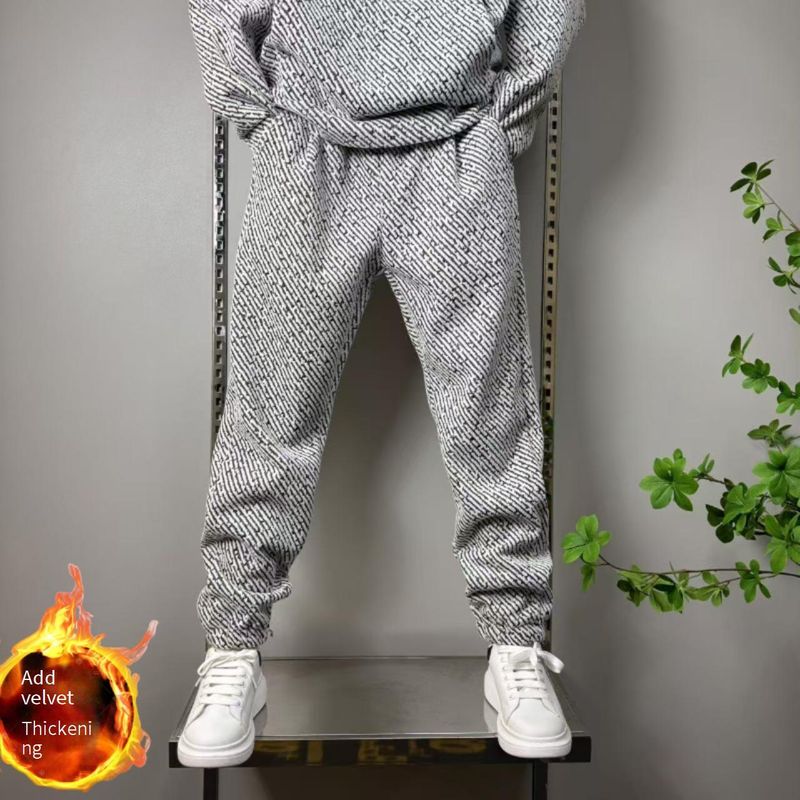 ​Herenset van fleecegevoerde zilveren draadtrui en joggingbroek - wintertrui met capuchon en broek, losse tweedelige outfit_voghion.com