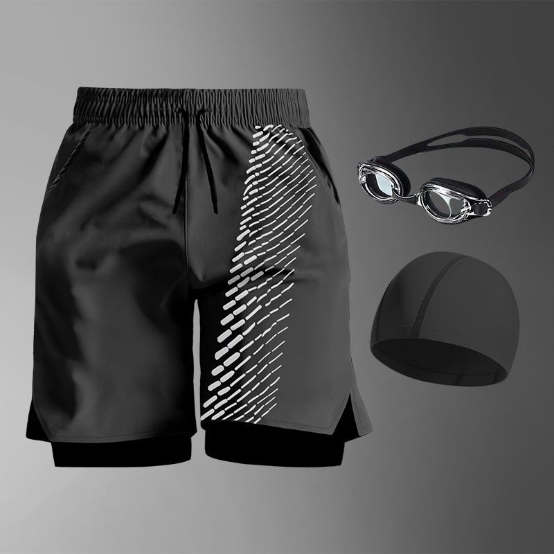 Trunks Set Anti-Embarrassment Double Layer Five-Point Inner Lining Loose Quick-Dry Beach Gear Men's Swimwear Swim Cap_voghion.com