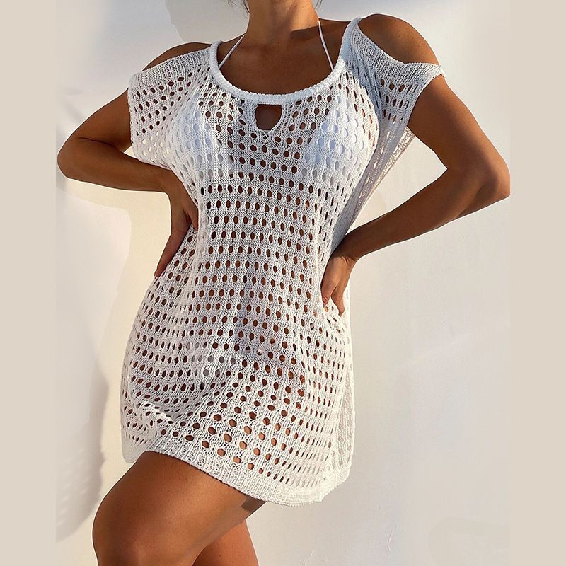 Women's clothing new hollow knitted off-shoulder mesh skirt beach skirt bikini cover-up vacation knitted sweater sunscreen shirt for women_voghion.com