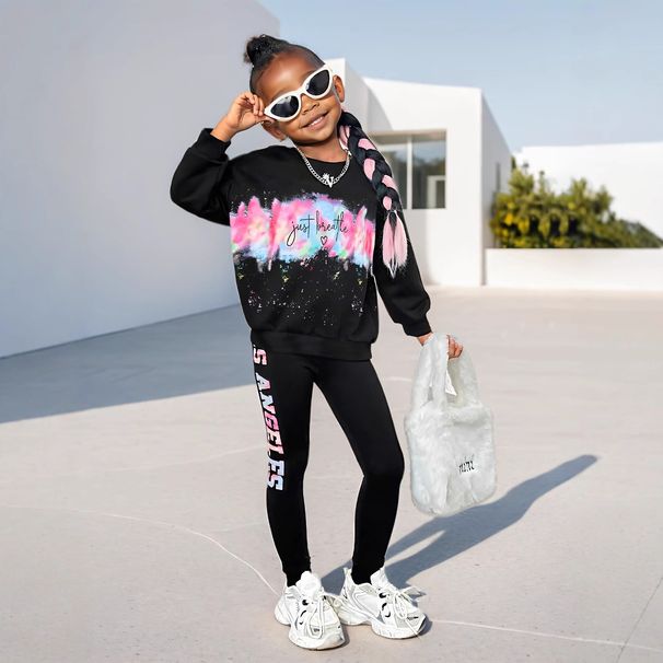 Moeder & Kinderen INS Meisjes Herfstpak Tie Dye Patroon Lange Mouw Top Bedrukte Trui Leggings Tweedelige Set_voghion.com