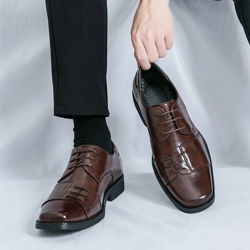 Chaussures pour hommes à bout carré, chaussures derby à lacets en cuir véritable, style britannique, marron, pour robe de banquet et de mariage_voghion.com