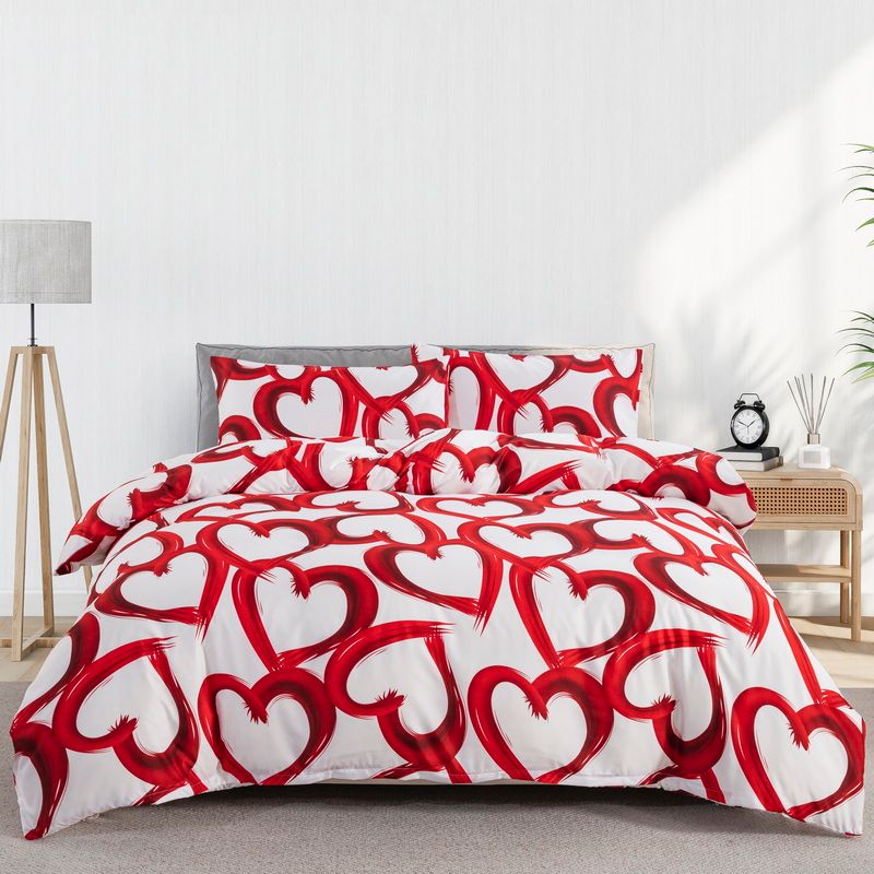 Red Love Heart Duvet Cover Twin Queen Kawaii Heart-Shaped Bedding Set Microfiber Reversible Comforter Cover For Valentine's Day_voghion.com