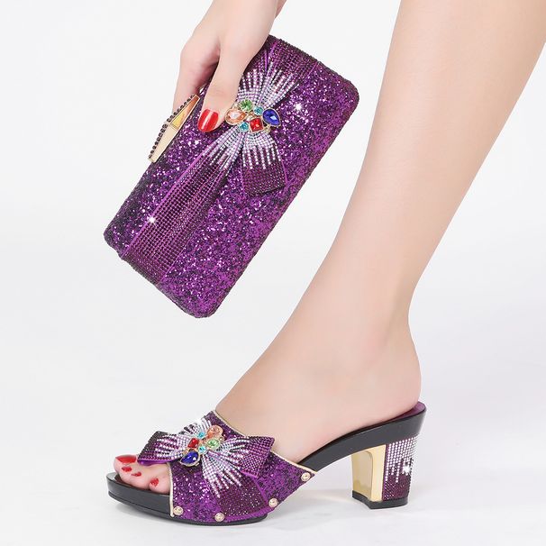 Conjunto de sapatos e bolsas femininos com decoração de flores e diamantes quentes_voghion.com