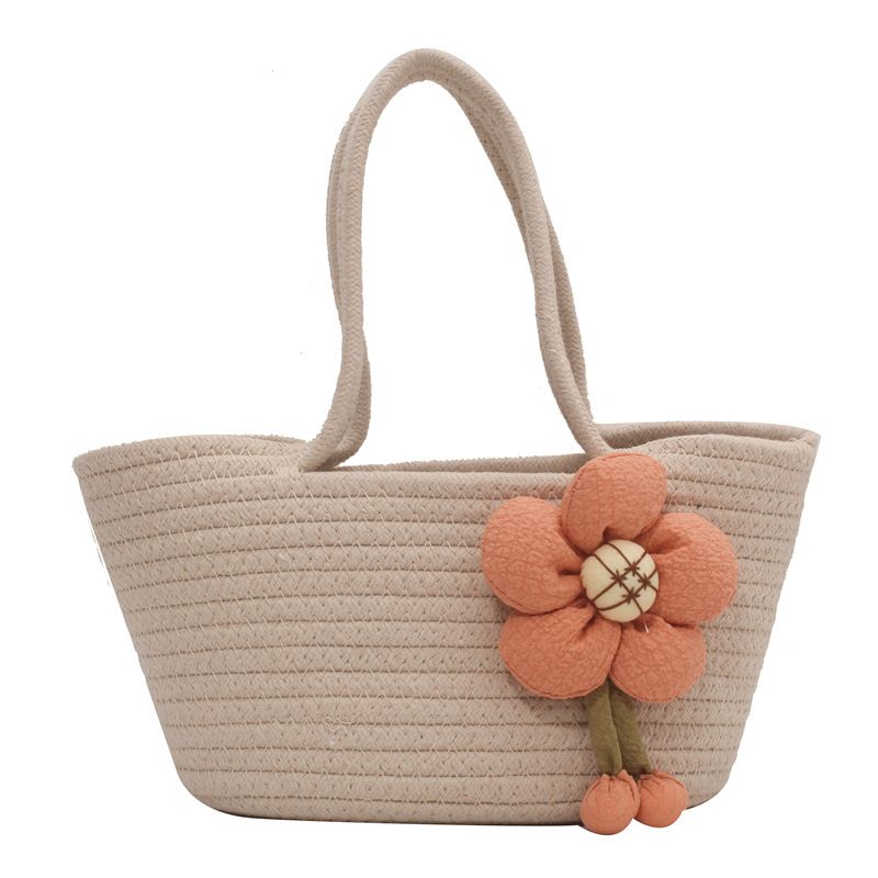 Borsa da viaggio per bambini, borsa da spiaggia, ciondolo portatile con piccolo fiore fatto a mano in corda di cotone intrecciata_voghion.com