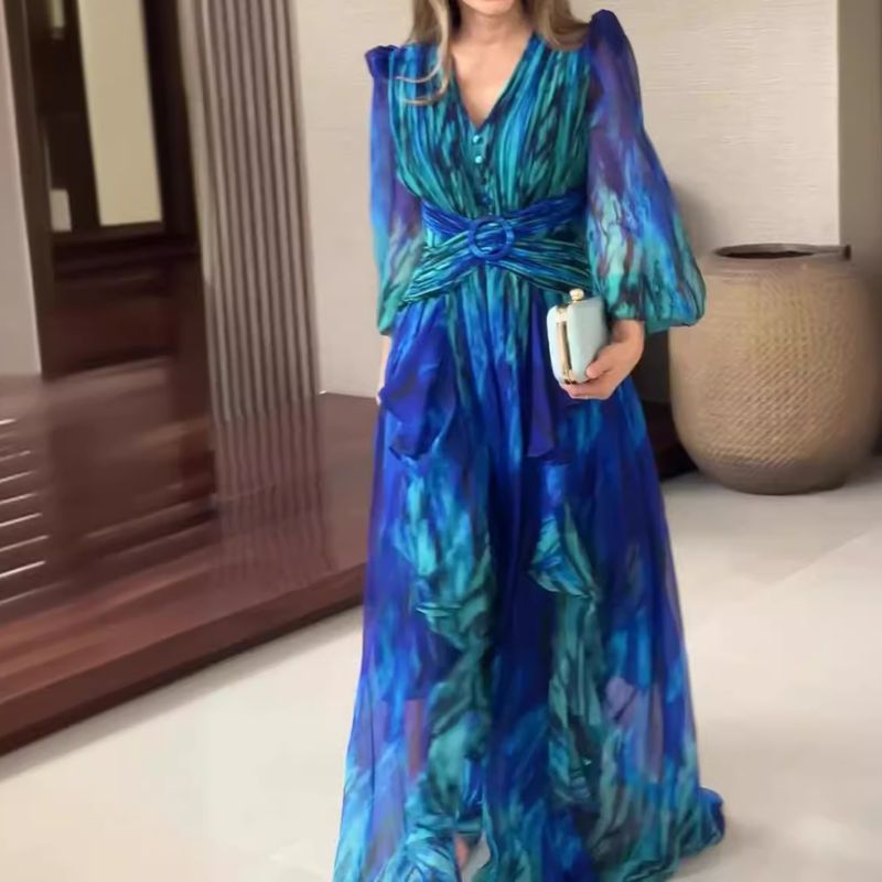 Rochie elegantă cu mânecă lungă și imprimeu retro pentru femei_voghion.com