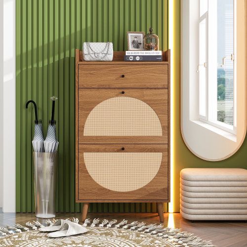 Schuhschrank Mit Zwei Türen Und Einer Schublade In Walnussholzfarbe, Rattan-Optik, Austauschbare Halbrunde Türen, Doppeltes Regal, Länge 60 Cm, Ohne Rückwand, Geeignet Für Flure und Ähnliche Bereiche_voghion.com