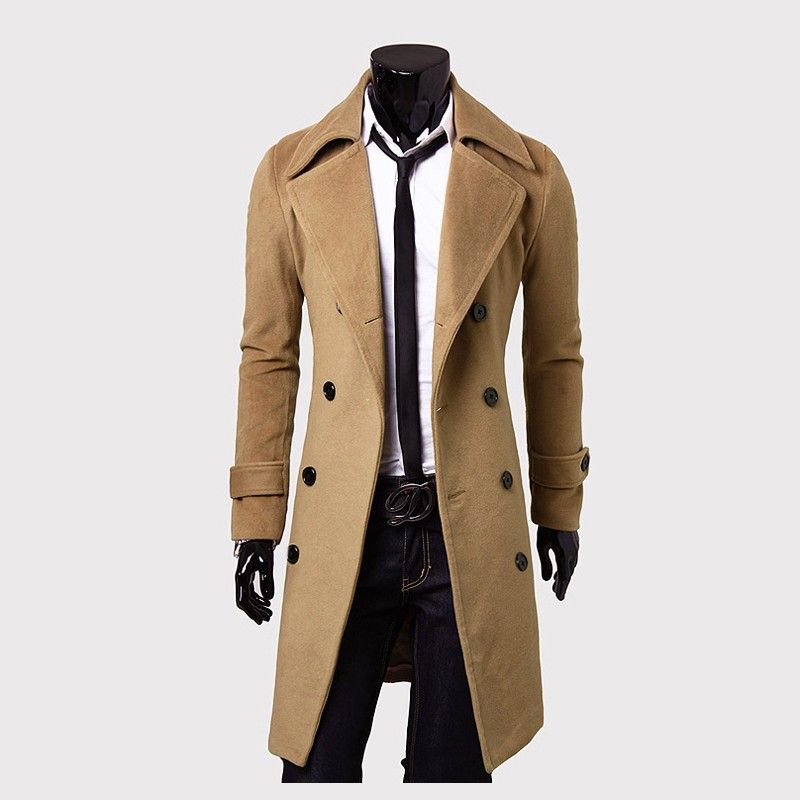 Lang dobbeltradet trenchcoat til mænd efterår og vinter lang uldfrakke herre slank tweed frakke mænd_voghion.com