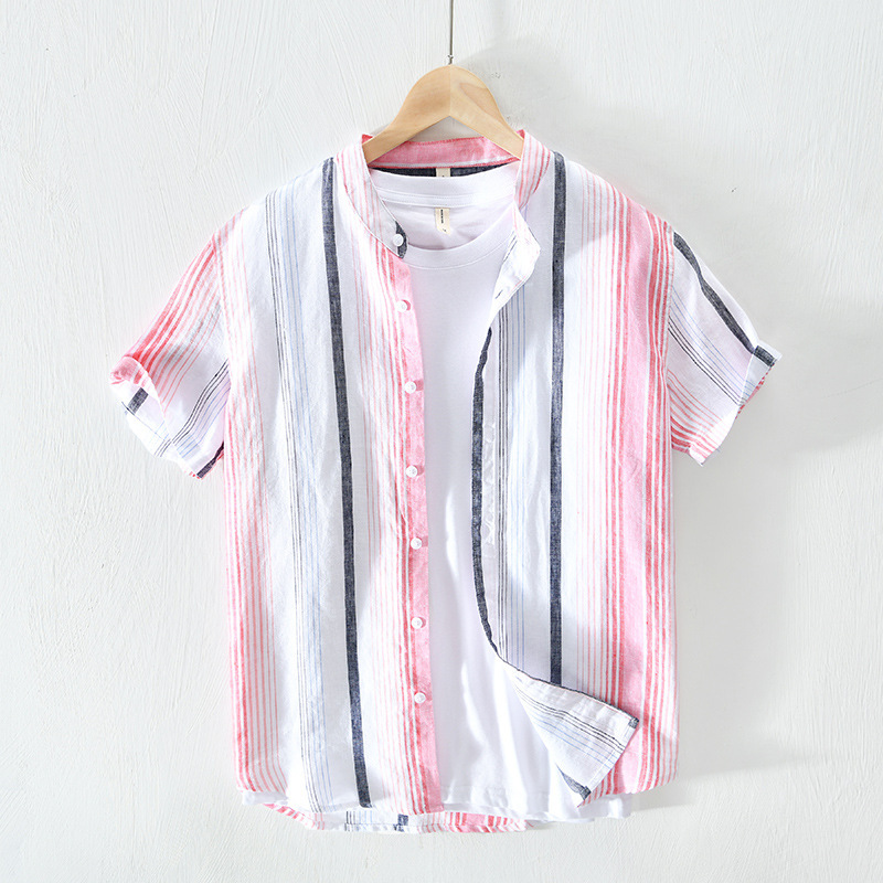 CT L540 Color Block Versatile For Men Casual Linen Short Sleeve Irregular Striped Shirt_voghion.com