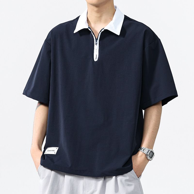 T-shirt da uomo a mezza zip, ampia, estiva, a maniche corte, con blocchi di colore, semplice e versatile, per ragazzi_voghion.com