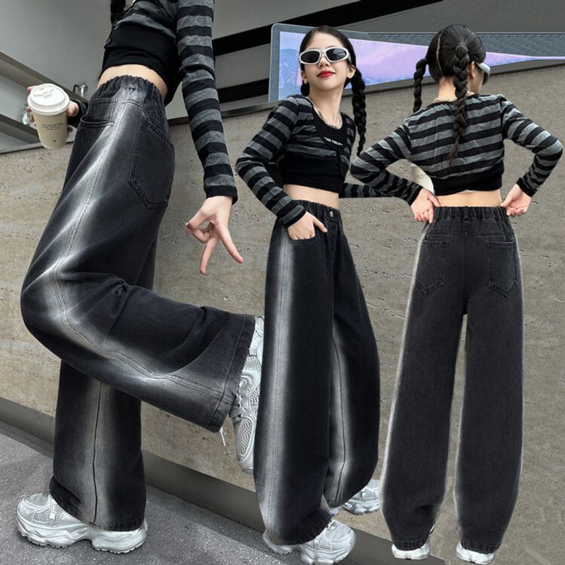 Küçük Kız Giyim Orta ve Büyük Çocuk Kot Pantolon Çocuk Düz Geniş Paça Pantolon Kız Sonbahar Pantolon_voghion.com