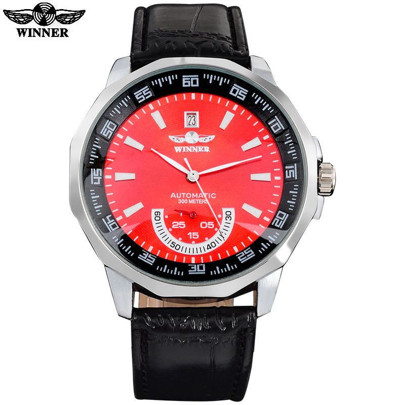 Winner brand Men's hot Mechanical skeleton automatic fashion dress watches auto date PU leather band red dial double hand_voghion.com