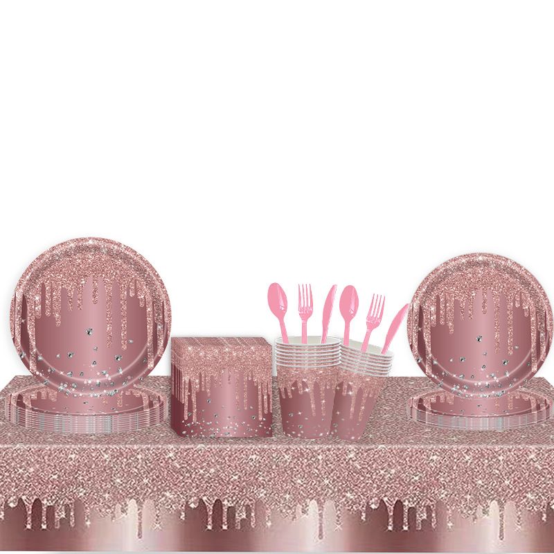 Pink rose gold birthday party tablecloth, wedding diamond sequins disposable decoration party cutlery set_voghion.com