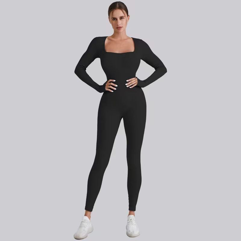 Cross-Border New Threaded High-Quality Fabric Women's Long-Sleeve Bodysuit Shapewear Butt-Lifting Yoga Jumpsuit In Stock_voghion.com