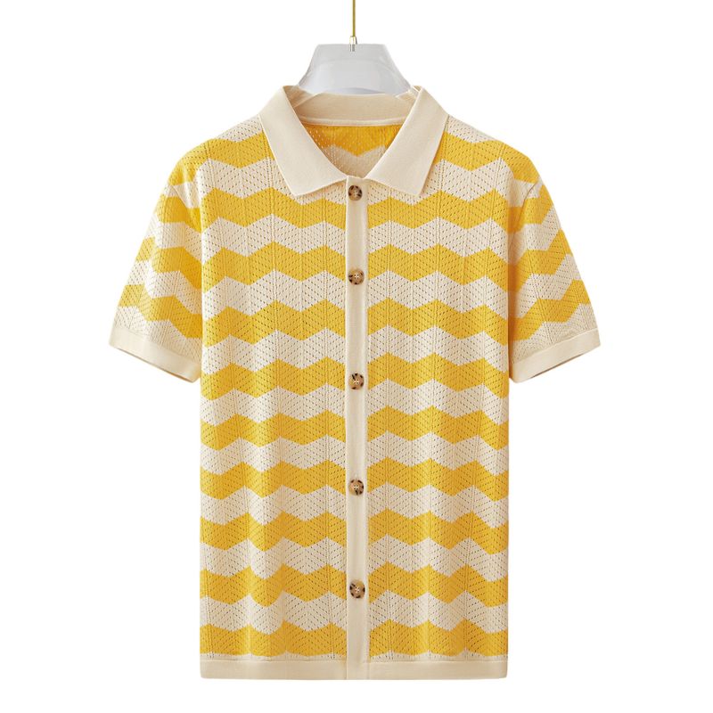 Men's Clothing Workwear Hollow Jacquard Corrugated Cardigan Sweater Knitted Sweater Short Sleeved Top T Shirt_voghion.com