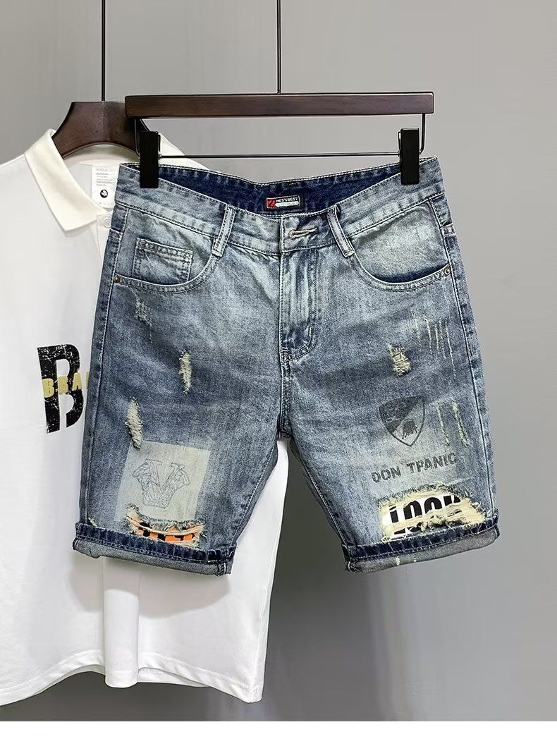 Pantaloncini estivi in denim sottile, buchi di personalità da uomo, vestibilità slim con patchwork, pantaloni a cinque pezzi, marchio, coreano versatile_voghion.com