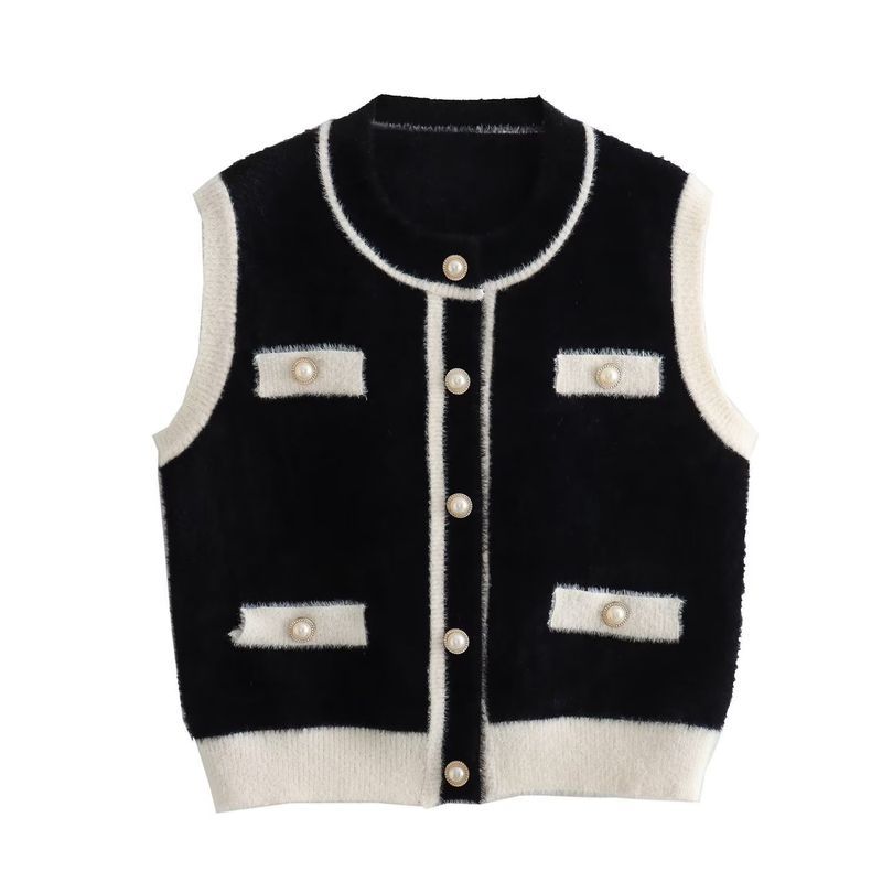 Women's small fragrance color contrast round neck knitted vest_voghion.com