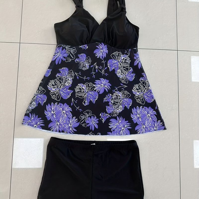Conjunto de tankini informal con estampado tropical rosa de talla grande, conjunto de dos piezas de tankini con camiseta sin mangas y pantalones cortos rosas para mujer_voghion.com