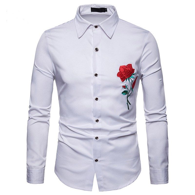 New clothing, youth, men's trendy brand, ethnic style, rose embroidery, lapel, oversized long sleeved shirt_voghion.com