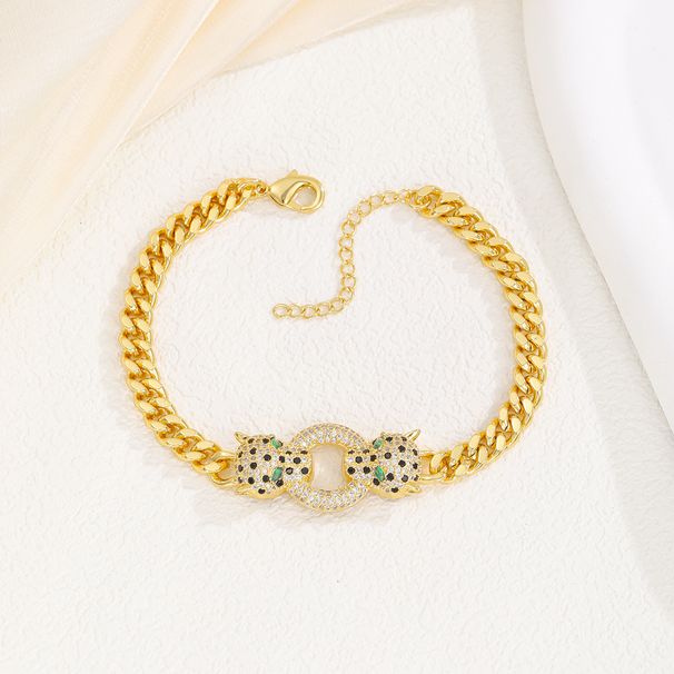Hot Selling Copper Micro Paved Zircon Men's And Women's Bracelet Real Gold Plated Punk Hip Hop Style Double Leopard Head_voghion.com